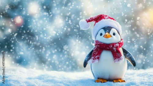 Penguin wearing a red hat and scarf stands in the snow. The background is blurry and looks like a winter wonderland.