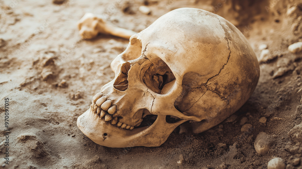 Human skull lying on sandy ground, partially buried, symbolizing death, history, and the passage of time in an archaeological or natural context Human skull lying on sandy ground, partially buried, symbolizing death, history, and the passage of time in an archaeological or natural context