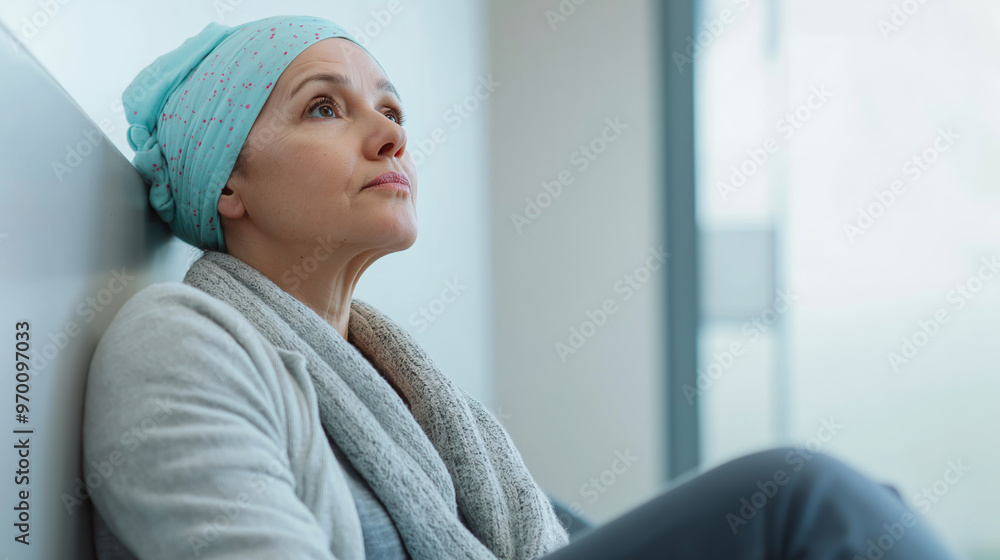 Woman with headscarf sitting thoughtfully against wall, gazing upward with a calm yet resilient expression during cancer treatment Woman with headscarf sitting thoughtfully against wall, gazing upward with a calm yet resilient expression during cancer treatment