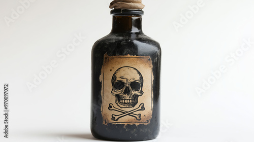 Dark glass bottle with a skull and crossbones label, symbolizing poison or danger, evoking a vintage or apothecary-style warning