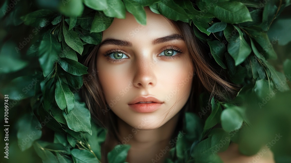 Woman with Green Eyes in a Lush Forest Woman with Green Eyes in a Lush Forest