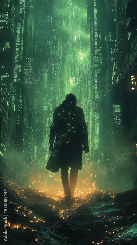 ominous digital landscape with a masked hacker emerging from a sea of binary code glowing circuits and fractured data streams create a tense cyberpunk atmosphere fraught with danger and intrigue photo