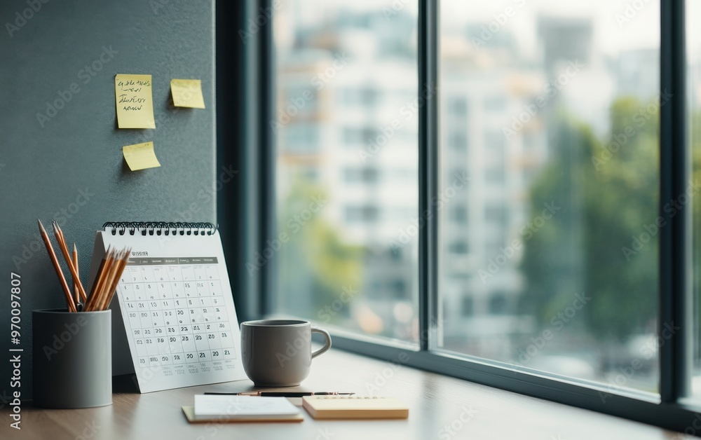 A cubicle with a half-opened window, natural light pouring in, soft focus on a calendar and sticky notes, side-angle perspective A cubicle with a half-opened window, natural light pouring in, soft focus on a calendar and sticky notes, side-angle perspective