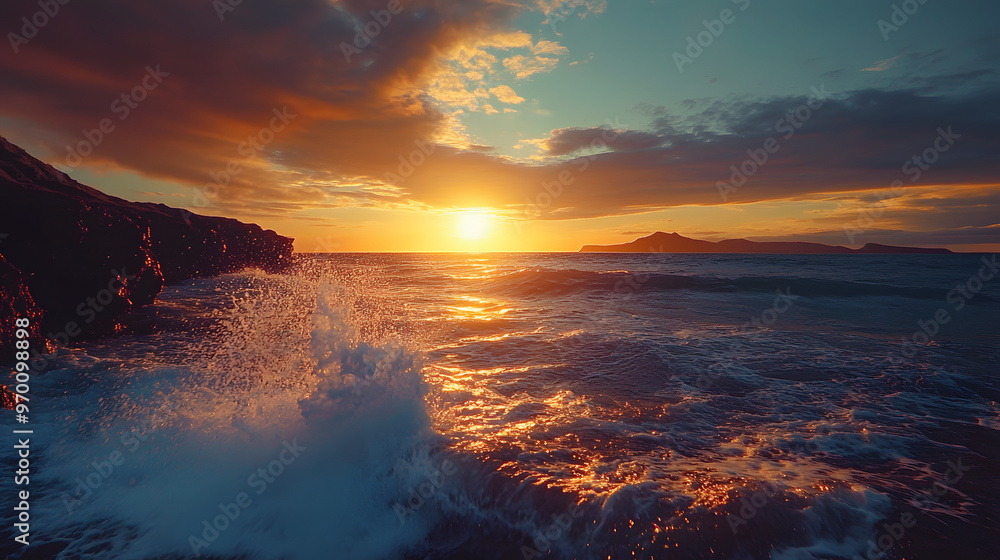 Obraz premium A sunset over a rugged coastline with waves crashing against the cliffs and the sun setting behind distant islands casting a warm glow over the scene.