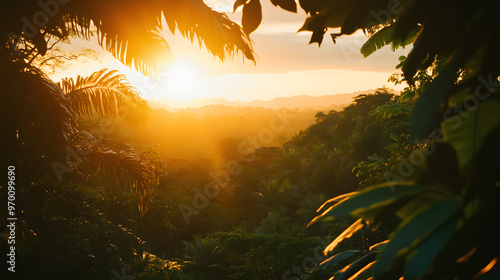 A sunset over a tropical rainforest with the sun filtering through the dense canopy and the sky filled with deep greens and golds. photo