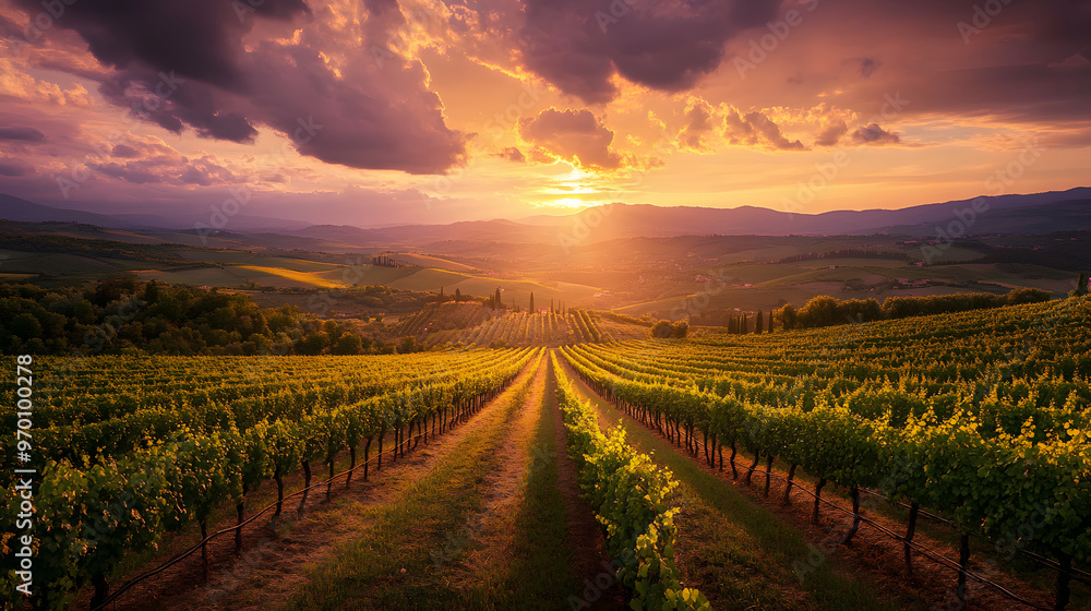 A sunset over a vineyard in Tuscany with rows of grapevines stretching out under a sky filled with warm golds and deep purples and the hills bathed in light. A sunset over a vineyard in Tuscany with rows of grapevines stretching out under a sky filled with warm golds and deep purples and the hills bathed in light.