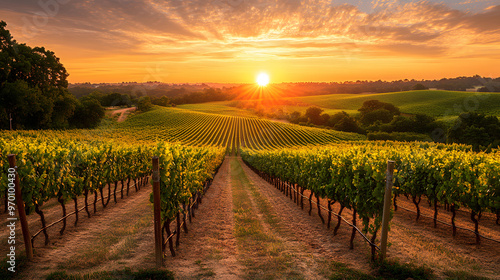 A sunset over a vineyard with rows of grapevines stretching out towards the horizon and the sky filled with warm golden light.