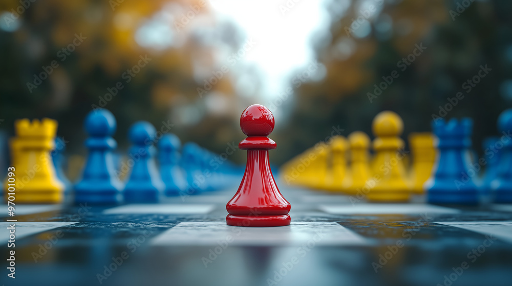 Red Chess Pawn Standing Out Among Yellow and Blue Pieces.Individuality and leadership, courage and distinction Red Chess Pawn Standing Out Among Yellow and Blue Pieces.Individuality and leadership, courage and distinction