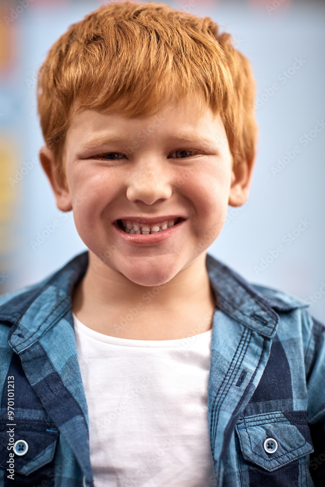 Learning, happy and portrait of child in classroom for education, knowledge and future. Growth, studying and assessment with face of student at school for scholarship academy, exam and development