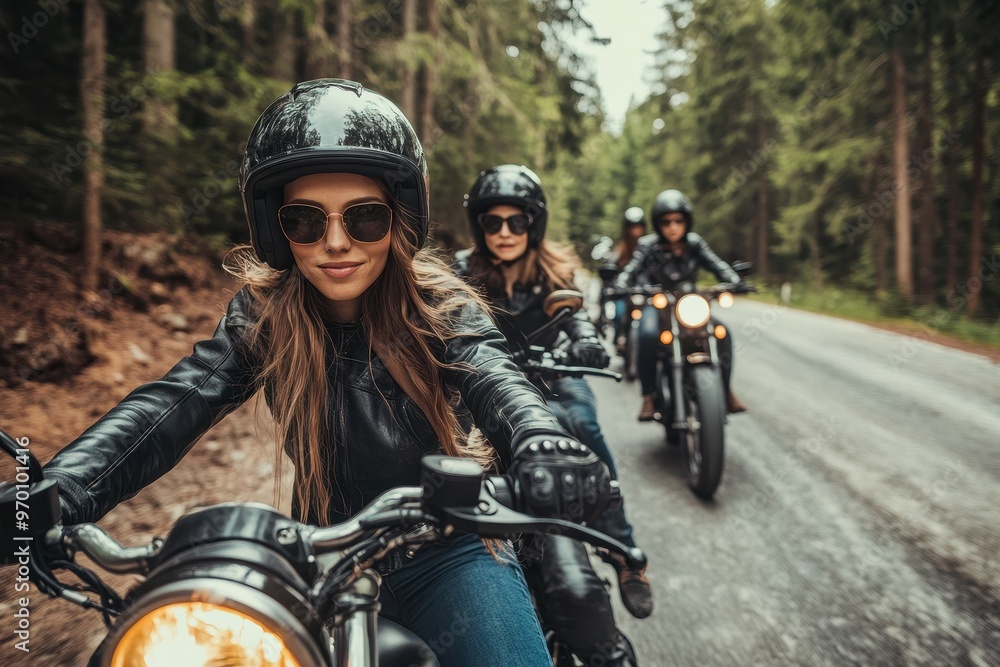 Obraz premium Sexy women riding motorcycles in a biker tour through the forest mountains