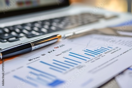 Close up of pen, charts and a laptop on a desk, representing business analysis and financial planning