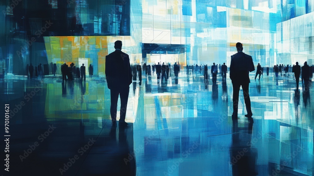 Two Silhouettes Standing Before a Blue and Yellow Abstract Background Two Silhouettes Standing Before a Blue and Yellow Abstract Background
