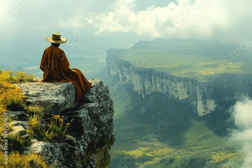 Pessoa em Pé no Topo da Montanha: Uma Vista Deslumbrante e a Conquista da Altitude photo