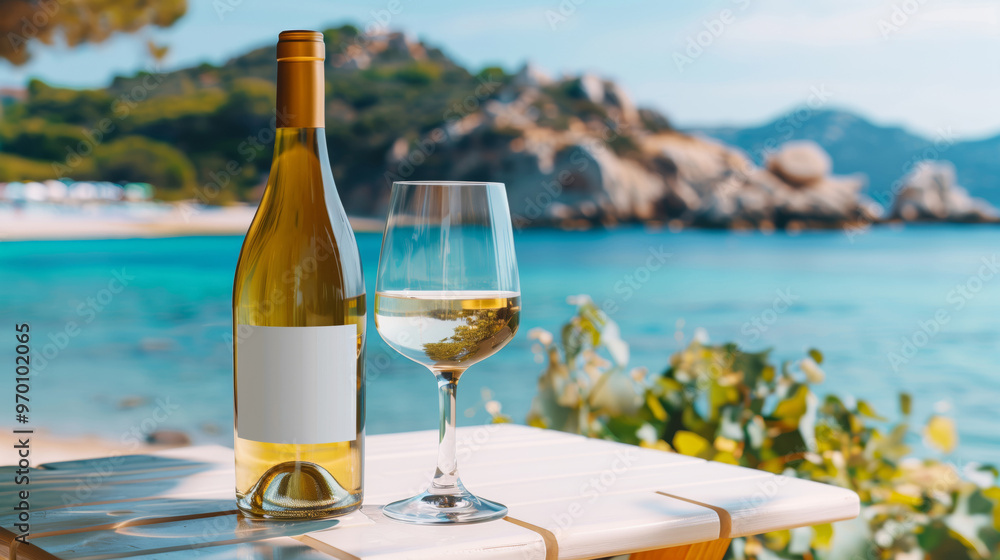 A bottle of wine with an blank mock-up label on an table on the beach A bottle of wine with an blank mock-up label on an table on the beach