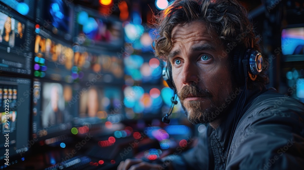 A man with curly hair and a beard is intently looking at a screen, immersed in video production work A man with curly hair and a beard is intently looking at a screen, immersed in video production work