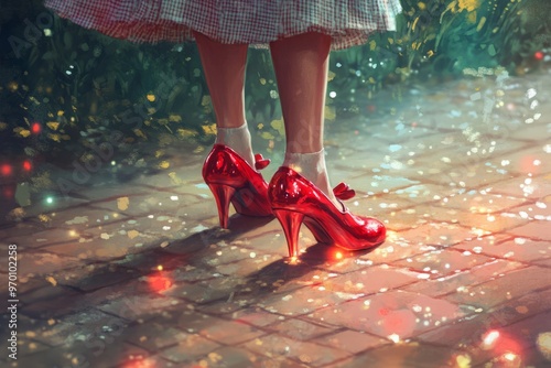 illustration of Dorothy's magical ruby slippers sparkle and shine as she embarks on her journey to find her way back home to Kansas.