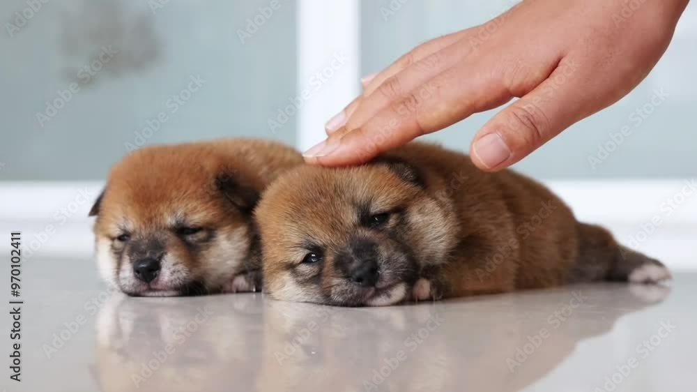 Tiny Baby Puppies Relaxing Under Gentle Touch. Tiny Baby Puppies Relaxing Under Gentle Touch.