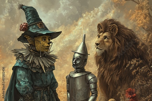 illustration of The lovable Scarecrow searches for a brain in the land of Oz, accompanied by his faithful friends, the Tin Man and the Lion 