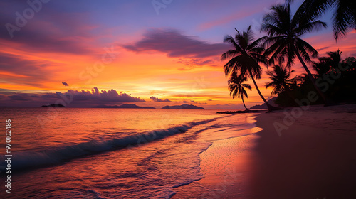 A tropical beach at sunset with palm trees silhouetted against a sky of deep orange and pink and the waves gently lapping at the shore.