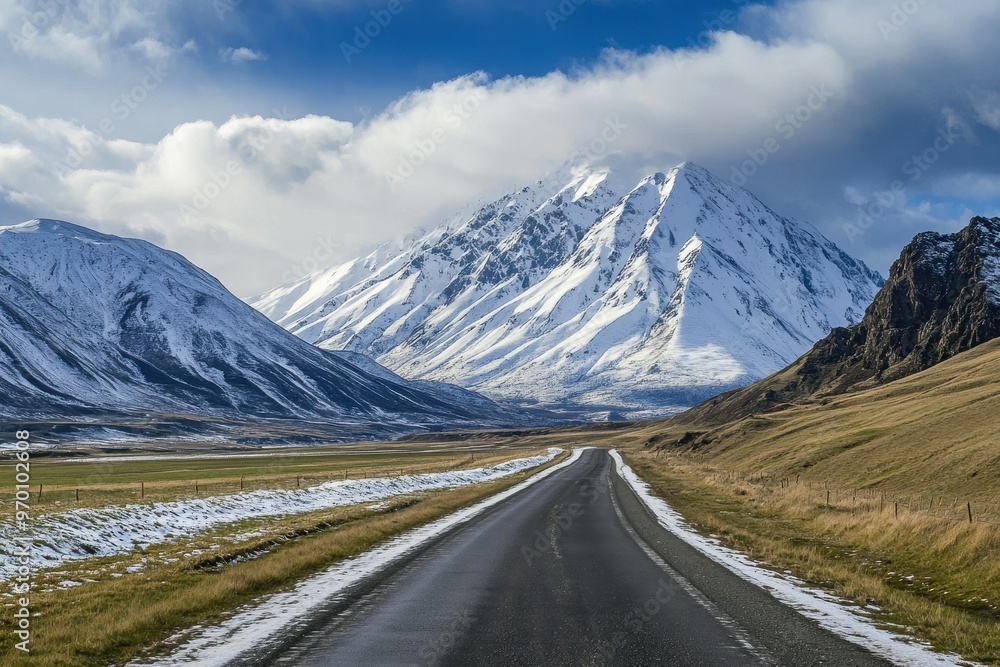 Side view of a snowcapped mountain and road panoramic view Side view of a snowcapped mountain and road panoramic view
