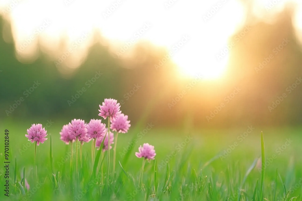 Obraz premium Pink clover flowers blooming in a green meadow at sunset, ideal for nature backgrounds, seasonal marketing materials, peaceful banners, or nature-inspired designs with copy space