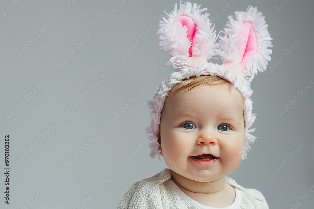 A baby wearing a bunny hat is laying on a bed, generative ai image.,