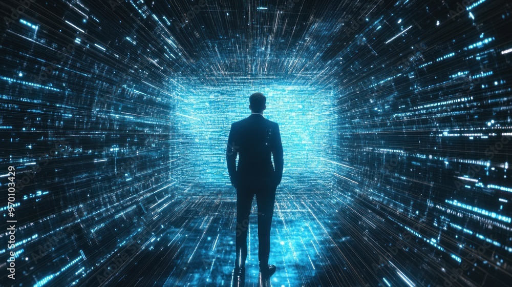 Man Standing in a Digital Matrix Tunnel Man Standing in a Digital Matrix Tunnel