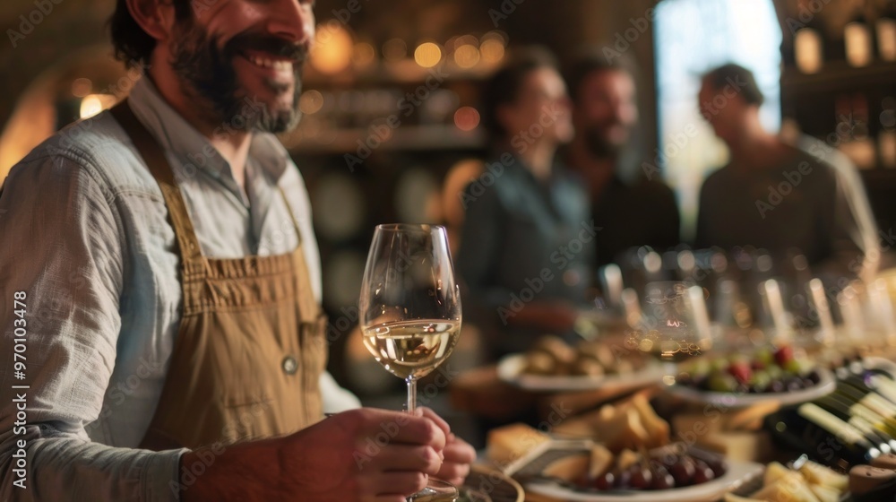 A bearded man in an apron smiles while holding a glass of white wine against the backdrop of a winery. A bearded man in an apron smiles while holding a glass of white wine against the backdrop of a winery.