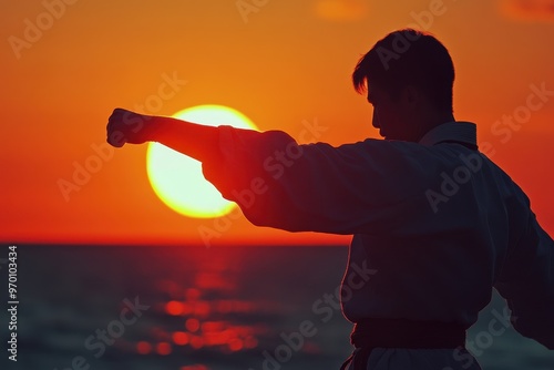 Silhouette of Wing Chun fighter at sunset close up on Tao Tan Sao and punch photo