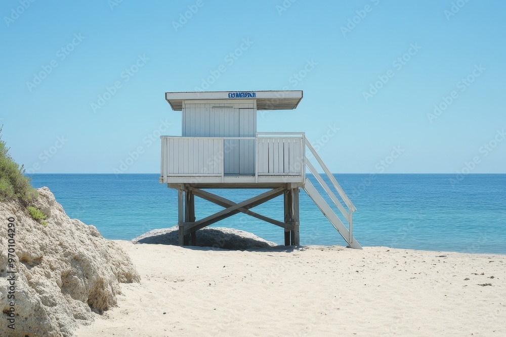 Small white lifeguard house on rocky beach with sand in the middle Small white lifeguard house on rocky beach with sand in the middle