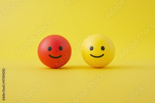 Smiley and frowny face icons on ping pong balls on yellow background Concept of customer satisfaction photo