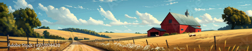 Red barn sits alongside country road, surrounded by golden fields, trees under bright blue sky, capturing a peaceful rural scene. Generative ai vector illustration. Pop art comic book style imitation