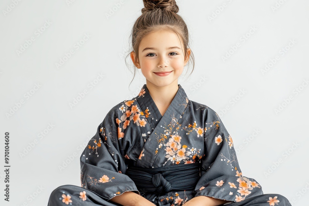 Smiling girl in kimono on white background practicing karate Smiling girl in kimono on white background practicing karate