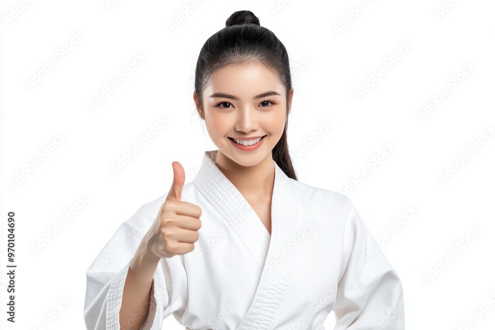 Smiling young Chinese woman isolated practicing karate and giving a thumbs up Smiling young Chinese woman isolated practicing karate and giving a thumbs up