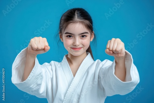 Smiling teenage girl posing in studio punching in karate stance on blue background Sport and martial arts concept