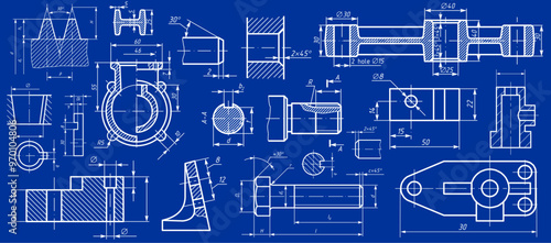 Vector engineering drawing of steel mechanical parts 
with through holes and dimension lines. Industrial 
cad scheme on paper sheet. Technology background. Computer cad design. 