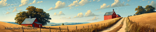 Red barn sits alongside country road, surrounded by golden fields, trees under bright blue sky, capturing a peaceful rural scene. Generative ai vector illustration. Pop art comic book style imitation