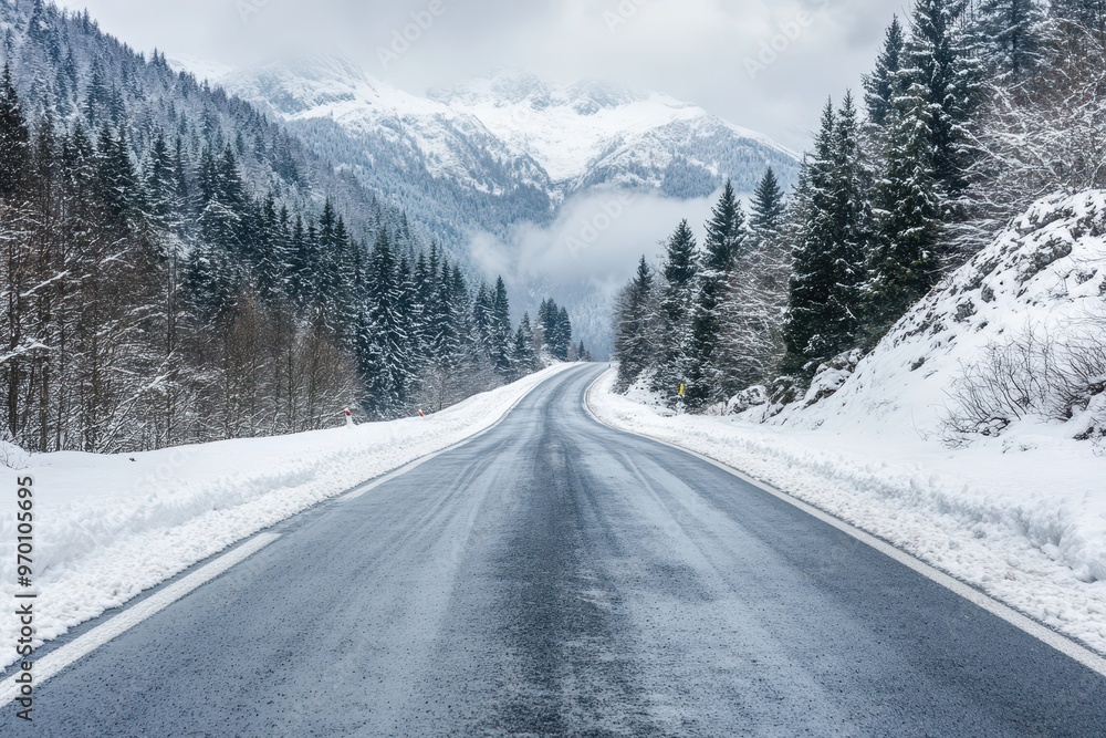 Snow covered mountain road in winter with cloudy skies driving on icy asphalt