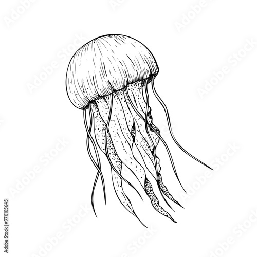 Vector beautiful jellyfish. Hand painted line sketch. Graphic clip art isolated on background. Underwater illustration. For designers, invitations, decoratio