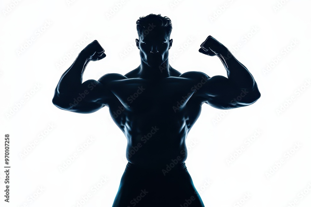 Strong man silhouette on white background Fit man with clenched fists Bodybuilding branding design concept Strong man silhouette on white background Fit man with clenched fists Bodybuilding branding design concept