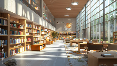 Modern library with large windows and bookshelves photo