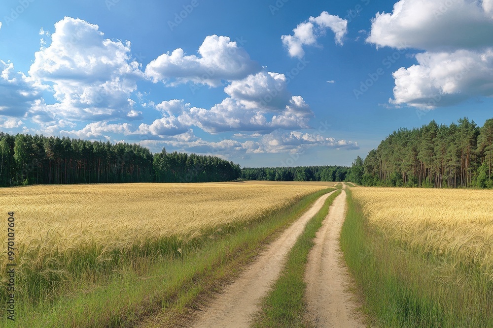 Summer landscape with wheat field dirt road forest and sky Summer landscape with wheat field dirt road forest and sky