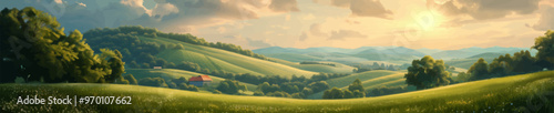 A serene landscape of rolling green hills dotted with trees and small farmhouses, bathed in soft golden sunset light under a partly cloudy sky. Generative ai vector illustration. 