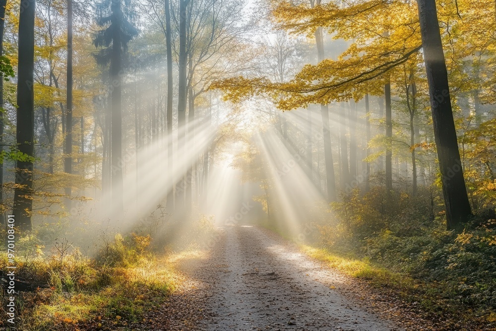 Naklejka premium Sunbeams light up autumnal footpath in foggy forest