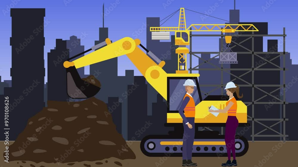 Working on Construction site, on the edge of town with engineers and building machines animation Working on Construction site, on the edge of town with engineers and building machines animation