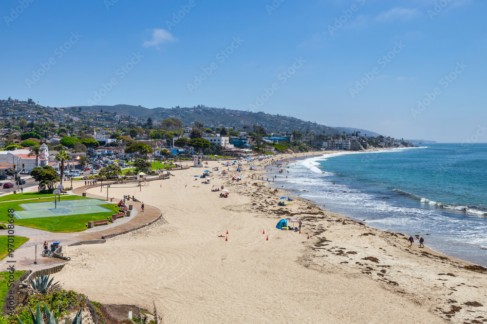 Beautiful landscape of Laguna Beach ocean coastline with palm trees in Treasure Island Park, Orange County, California, USA