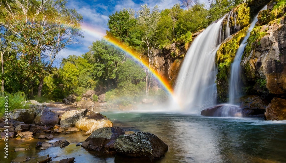Fototapeta premium Vibrant Rainbow Arcing Over a Serene Waterfall, Nature's Colorful Display