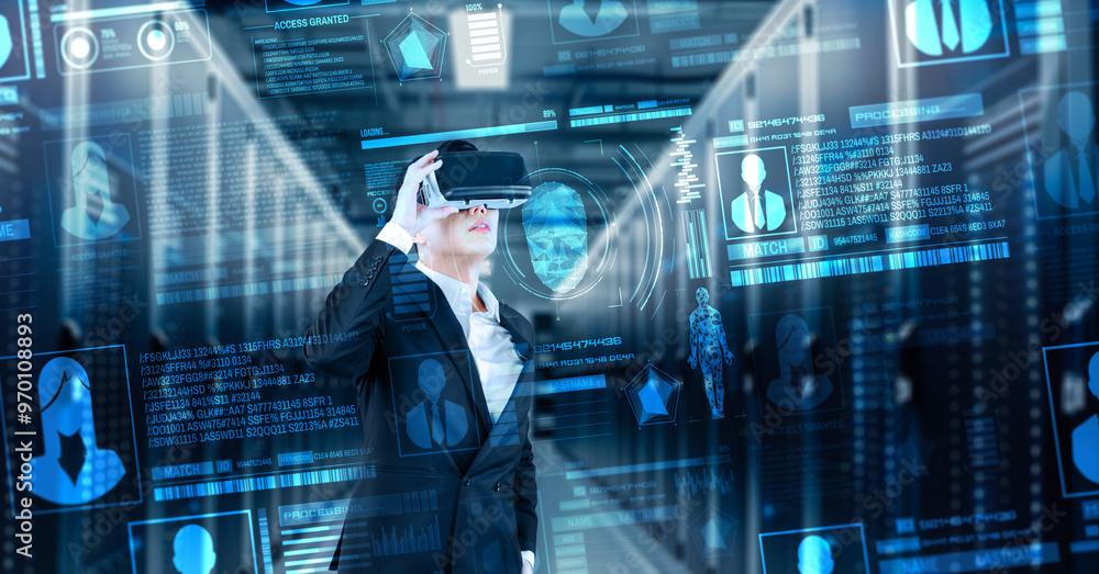 Business man looking at security system hologram and standing at data center. Skilled project manager checking and verify identity and accessing network security. Technology innovation. Ingenuity. Business man looking at security system hologram and standing at data center. Skilled project manager checking and verify identity and accessing network security. Technology innovation. Ingenuity.