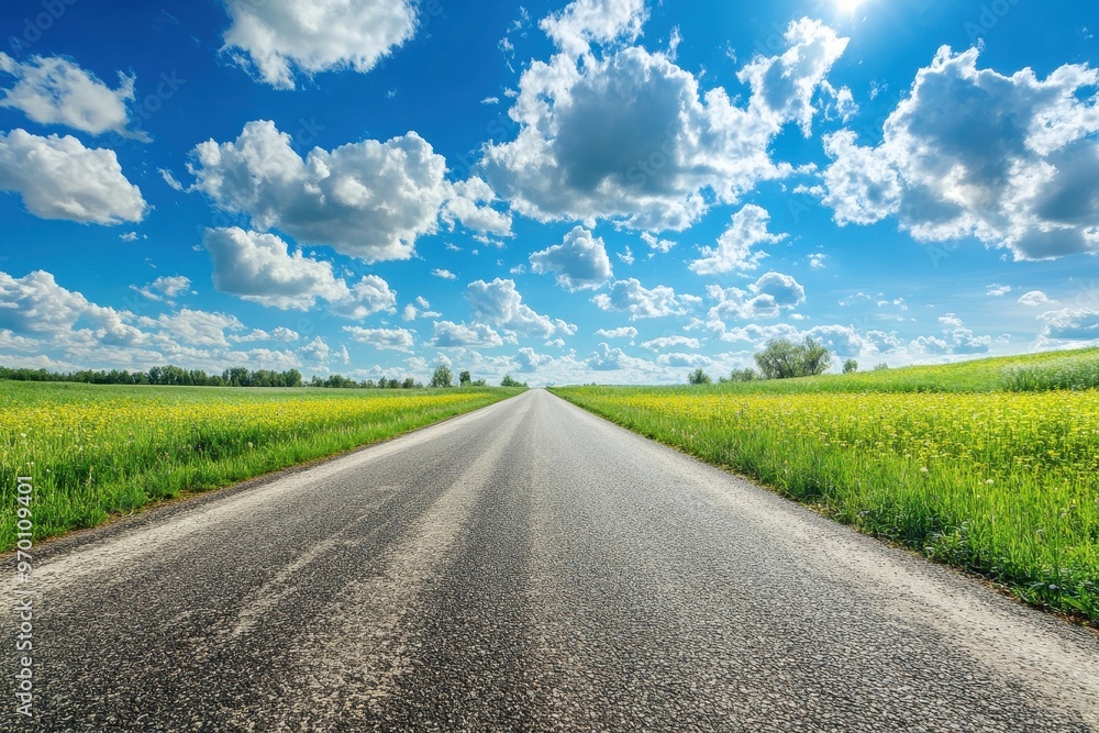 Sunny spring day panorama of countryside with asphalt road Sunny spring day panorama of countryside with asphalt road