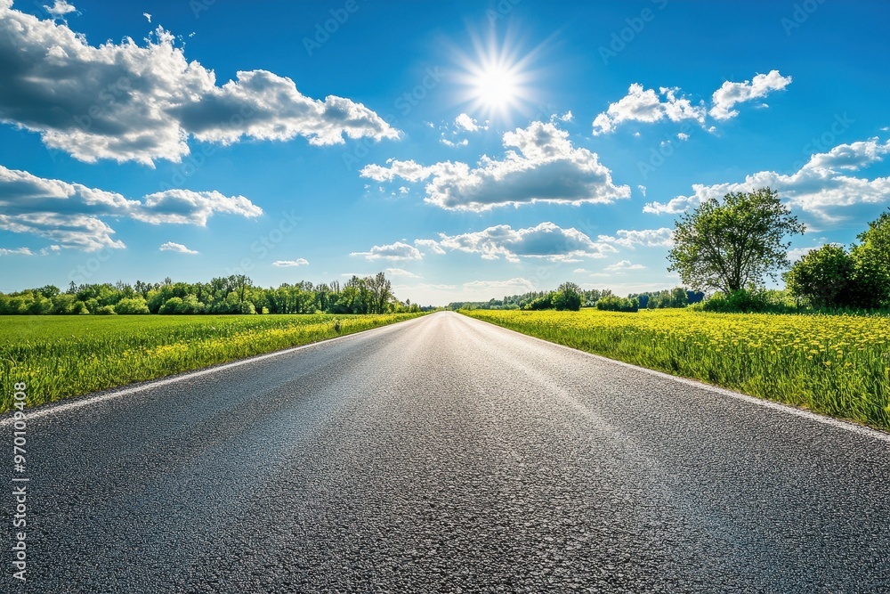 Sunny spring day with a countryside asphalt road view Sunny spring day with a countryside asphalt road view